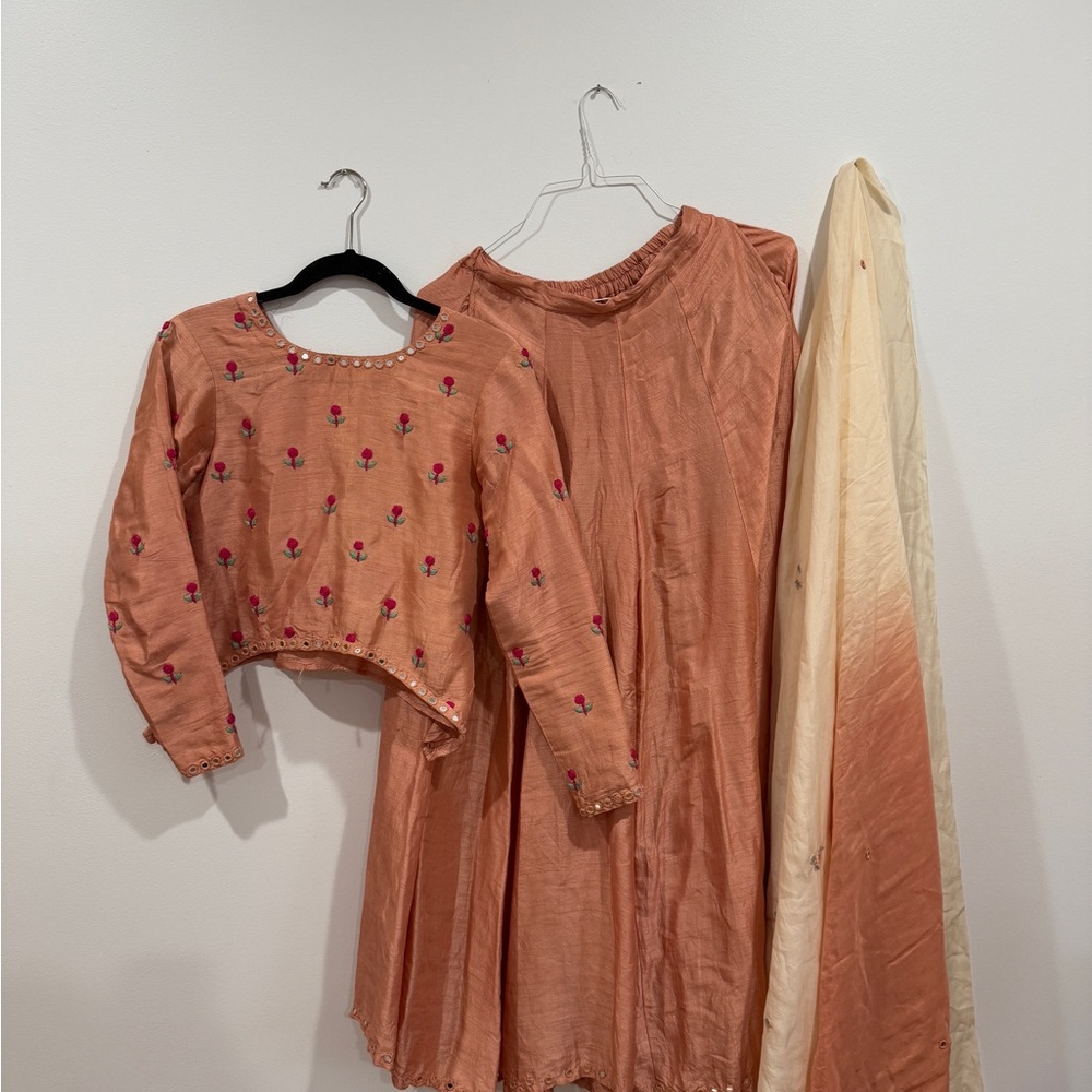 Peach Embroidered Dress Set with Dupatta